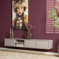 Meuble TV suspendu bois taupe 3 tiroirs 1 niche 200 cm AERA