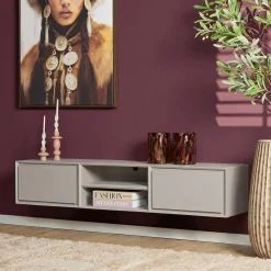 Meuble TV suspendu bois taupe 2 tiroirs 1 niche AERA