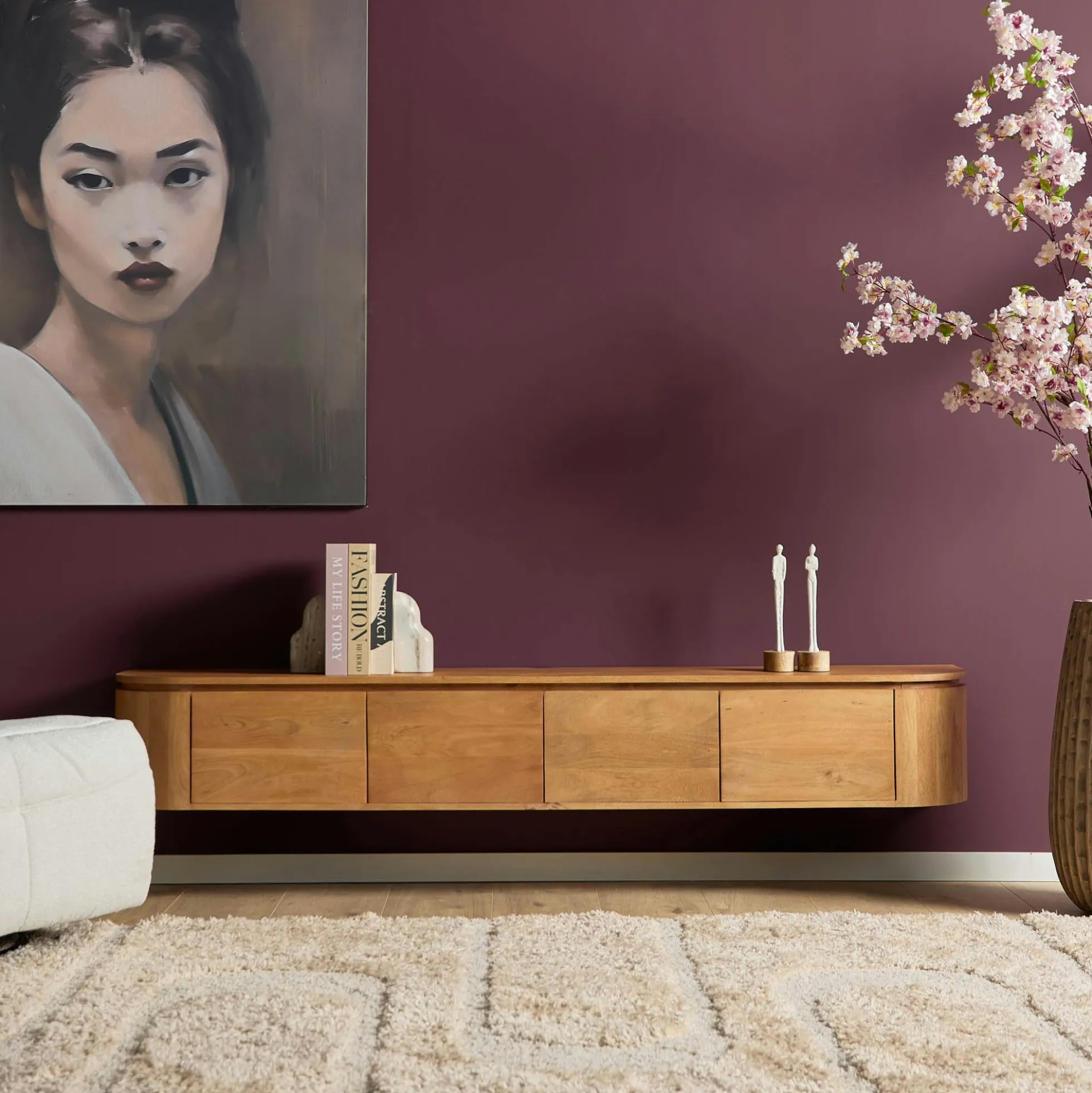 Meuble TV suspendu en bois, bords arrondis 200 cm AREZZO