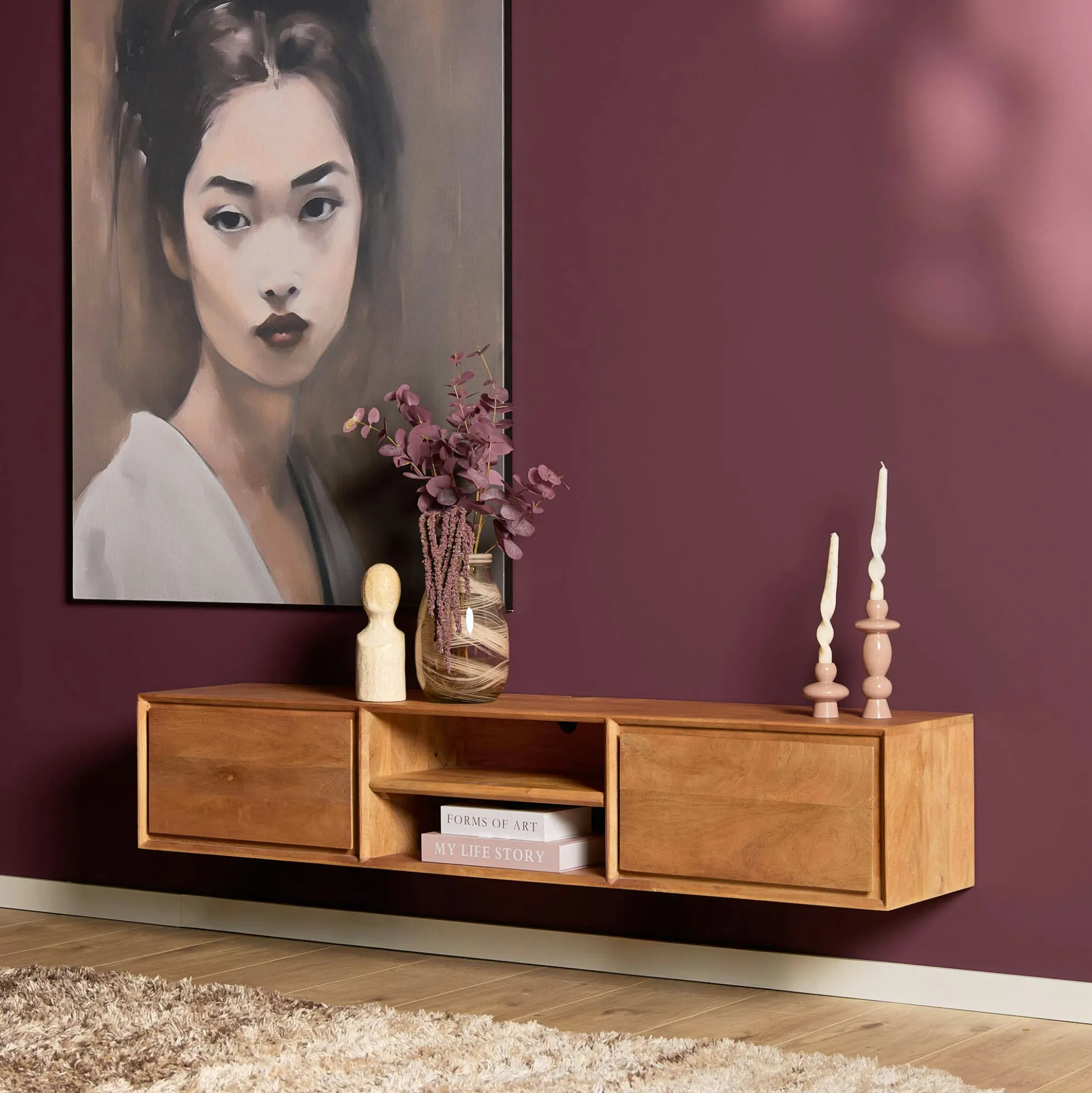 Meuble TV suspendu en bois 2 tiroirs 1 niche AERA