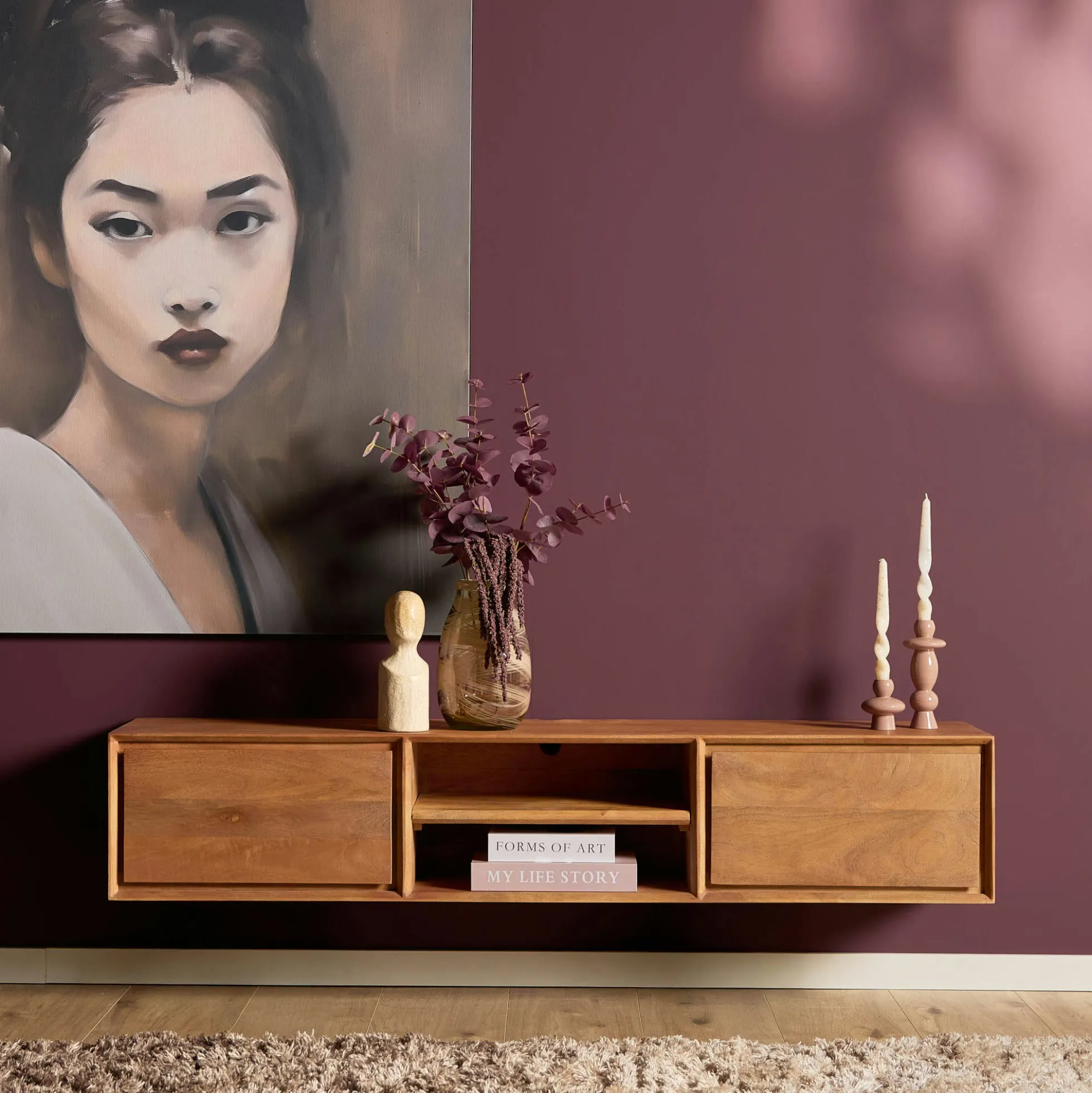 Meuble TV suspendu en bois 2 tiroirs 1 niche AERA