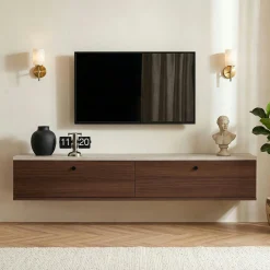 Meuble TV suspendu 2 p. décor travertin et noyer 140 cm MARFA