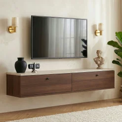 Meuble TV suspendu 2 p. décor travertin et noyer 140 cm MARFA