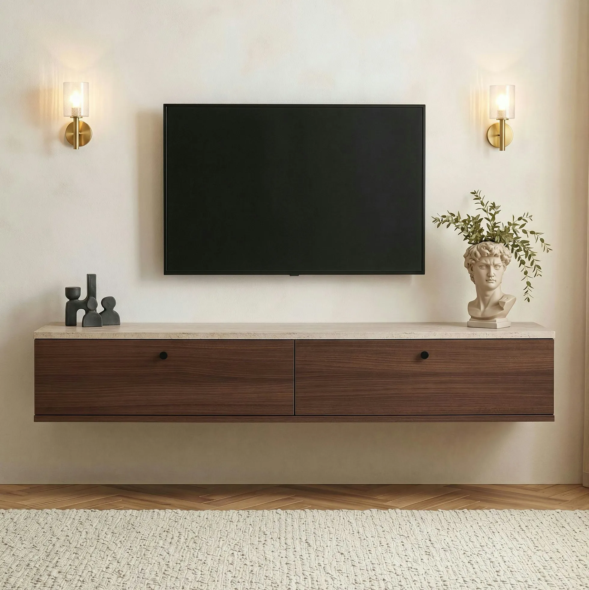 Meuble TV suspendu 2 portes décor travertin et noyer MARFA