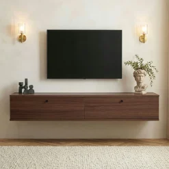 Meuble TV suspendu 2 portes décor noyer MARFA