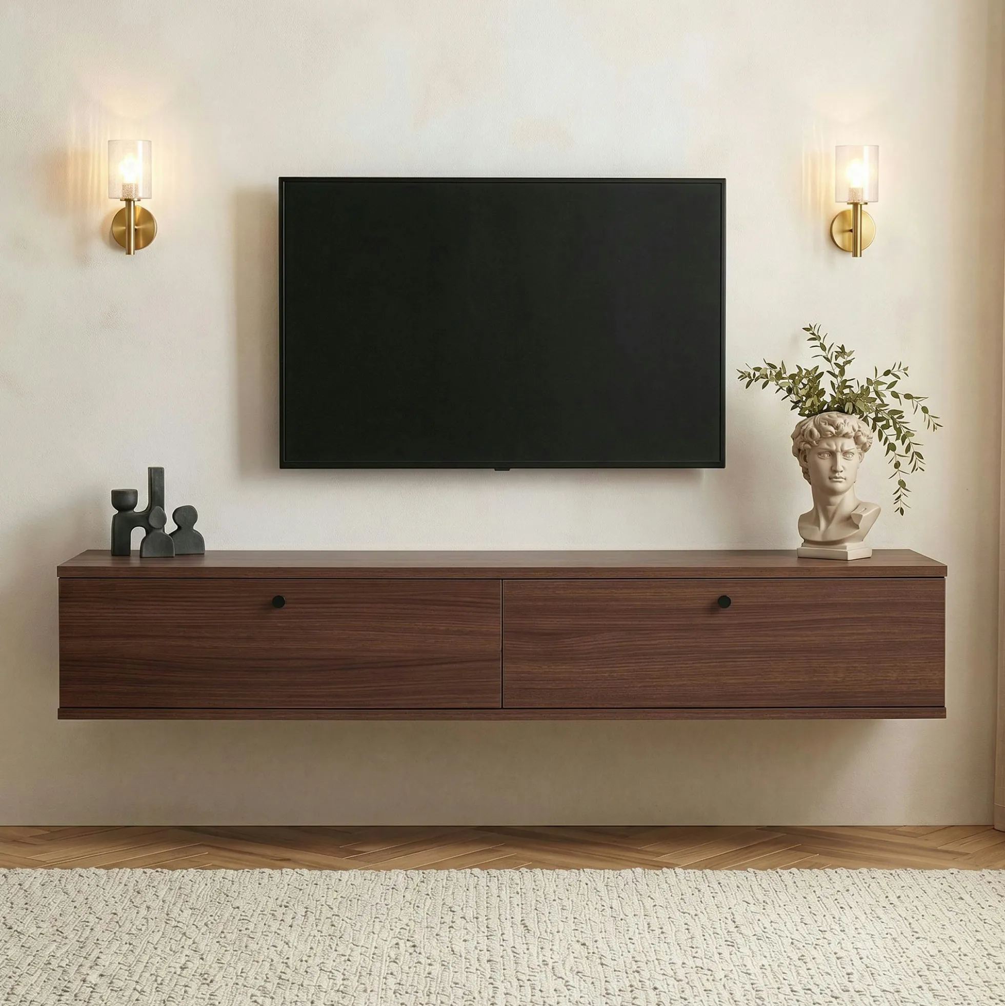 Meuble TV suspendu 2 portes décor noyer MARFA