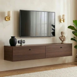 Meuble TV suspendu 2 portes décor noyer 140 cm MARFA
