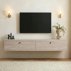 Meuble TV suspendu 2 portes décor travertin MARFA