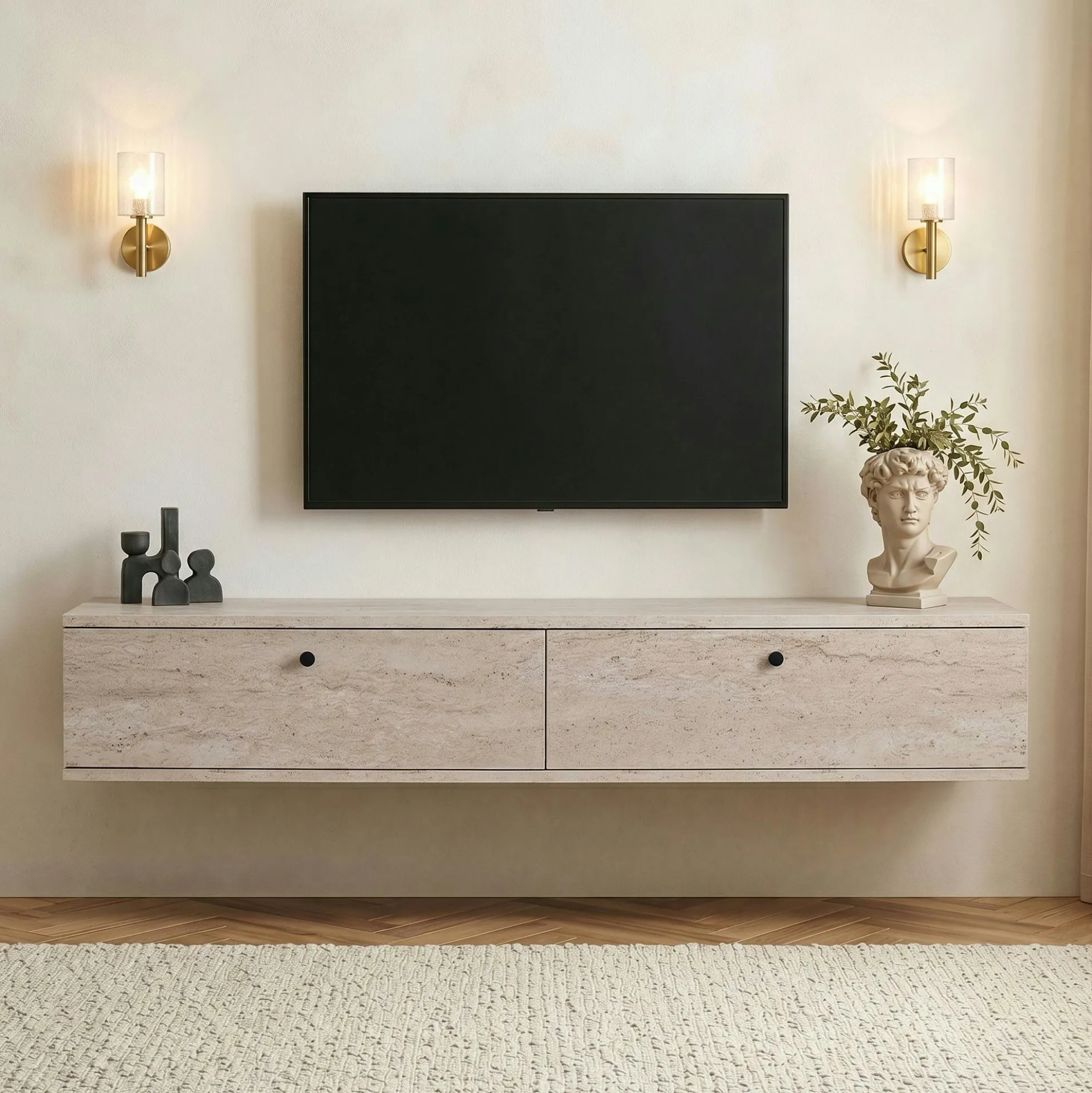 Meuble TV suspendu 2 portes décor travertin MARFA
