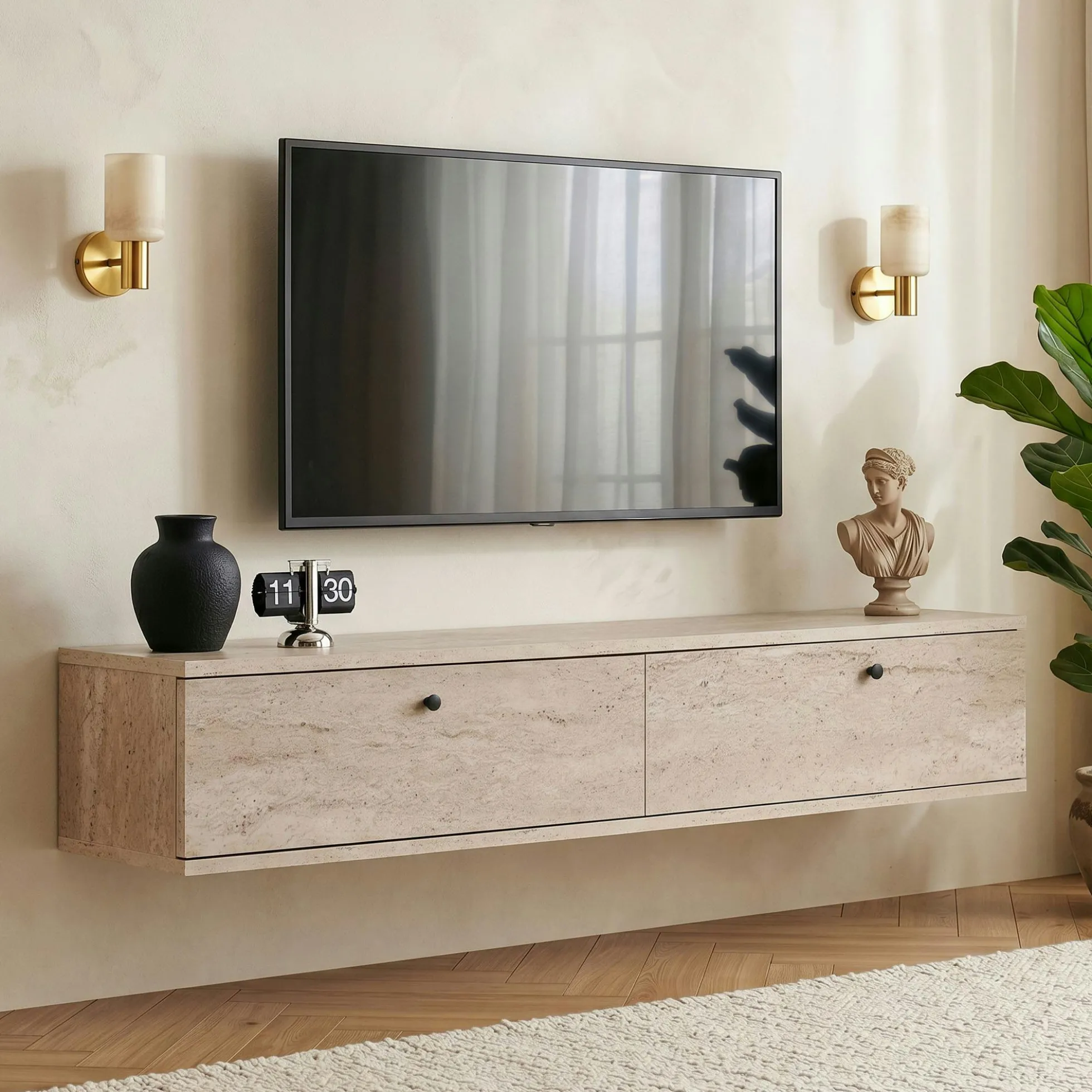 Meuble TV suspendu 2 portes décor travertin 140 cm MARFA