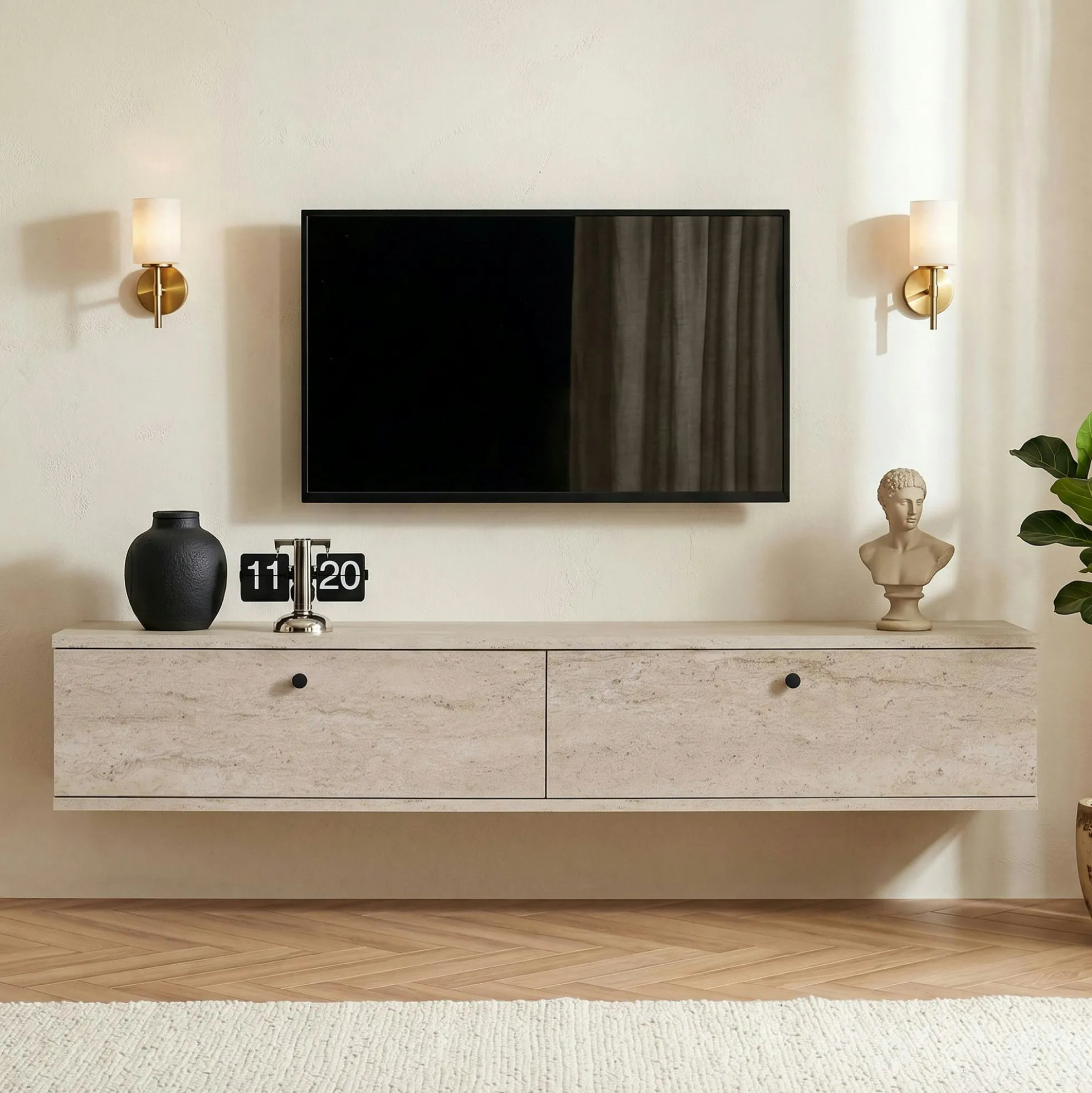 Meuble TV suspendu 2 portes décor travertin 140 cm MARFA