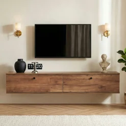 Meuble TV suspendu 2 portes décor pin 140 cm MARFA