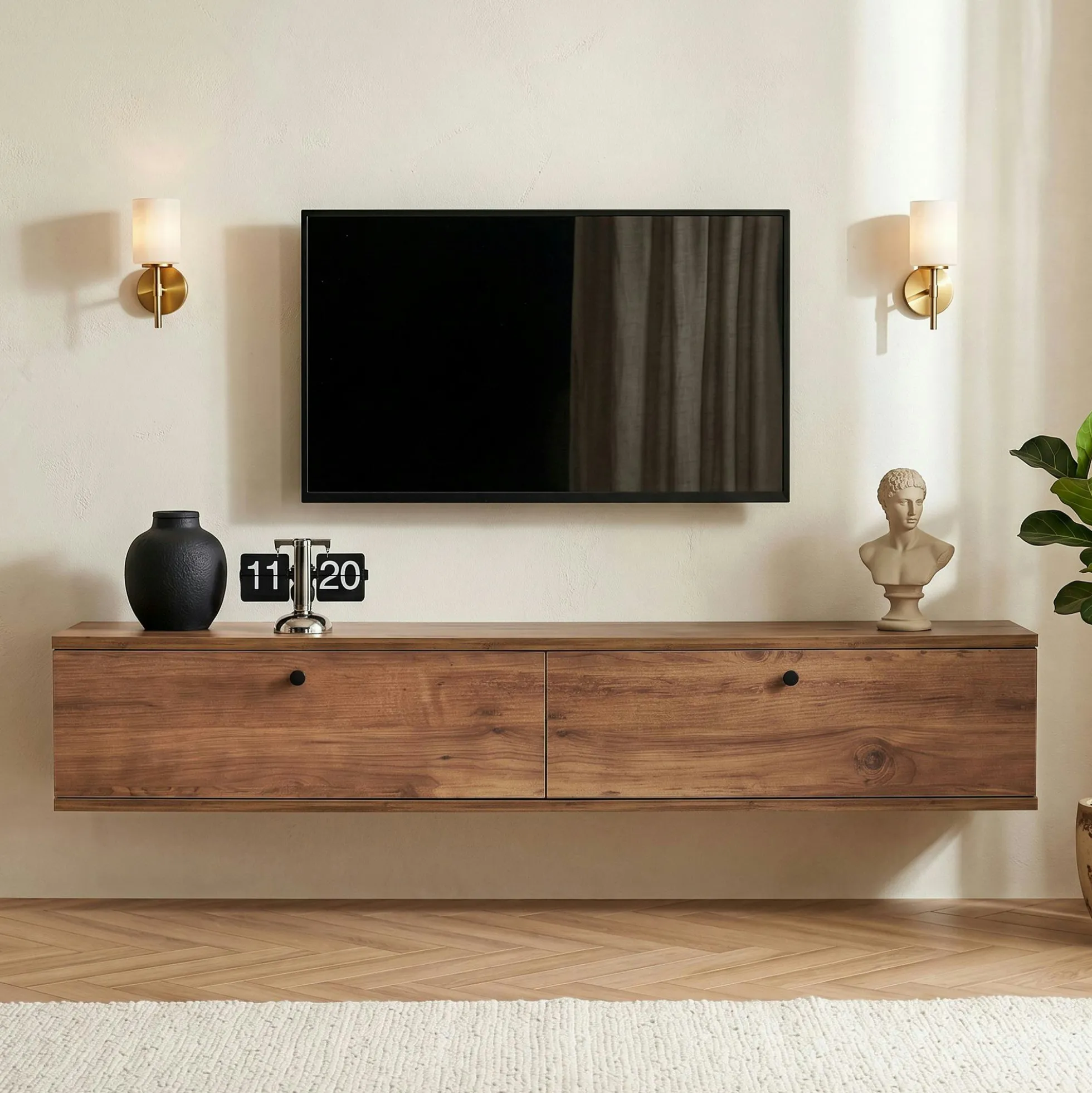 Meuble TV suspendu 2 portes décor pin 140 cm MARFA