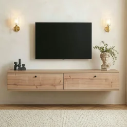 Meuble TV suspendu 2 portes décor chêne MARFA