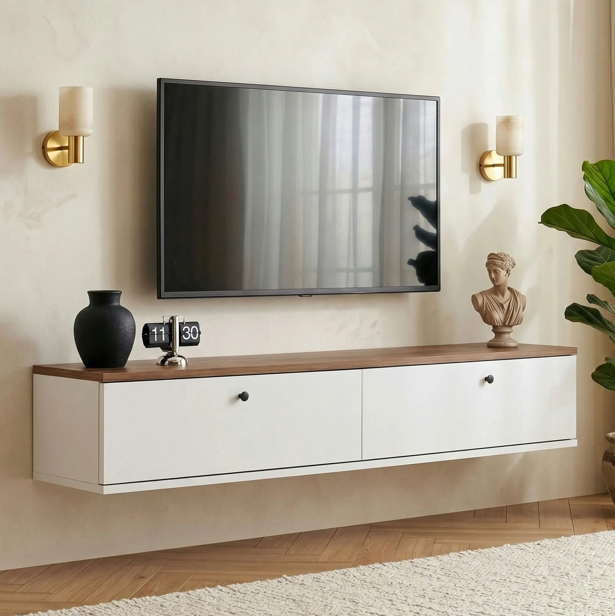 Meuble TV suspendu 2 portes décor pin et blanc 140 cm MARFA