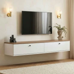 Meuble TV suspendu 2 portes décor pin et blanc MARFA