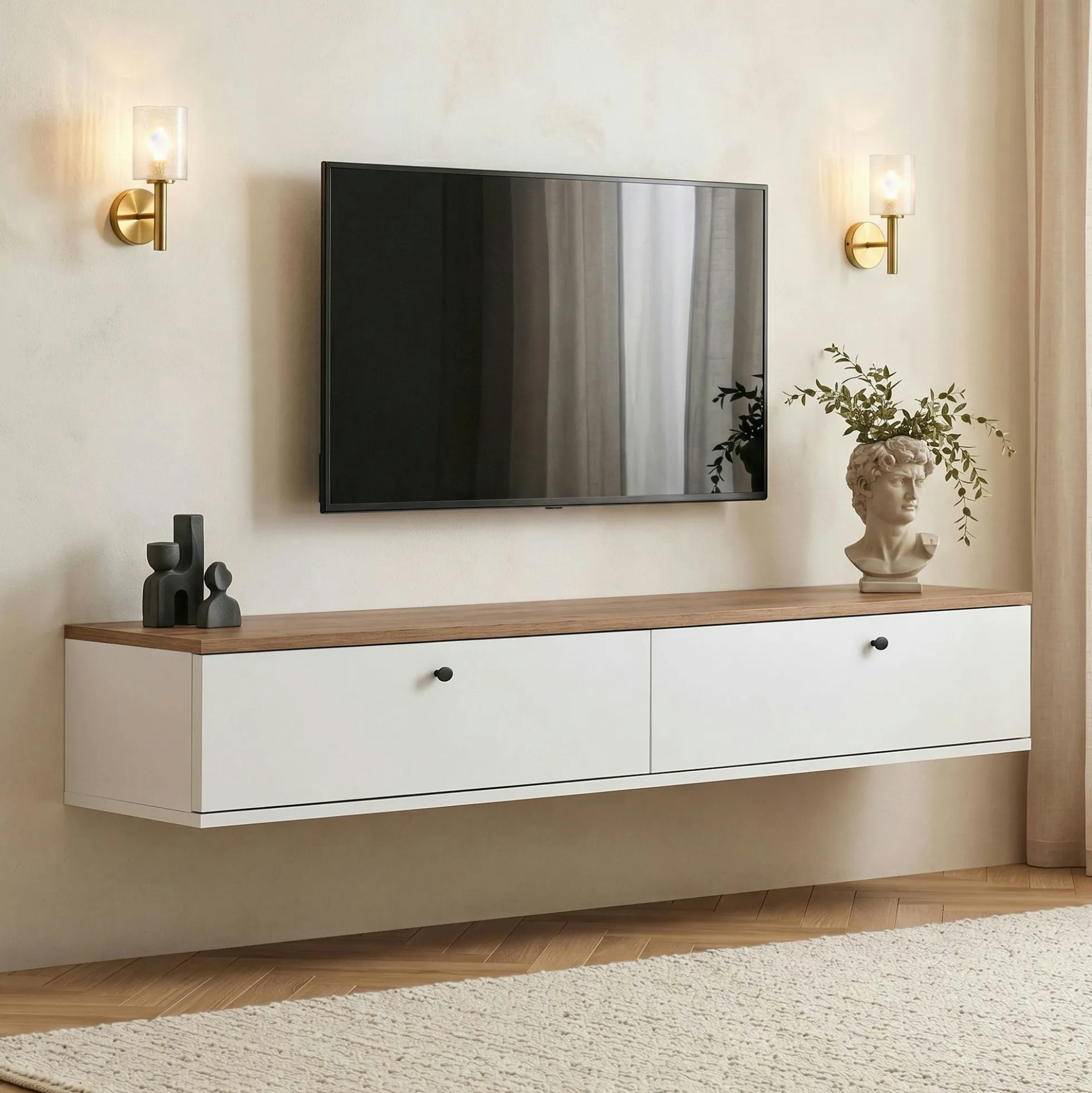 Meuble TV suspendu 2 portes décor pin et blanc MARFA
