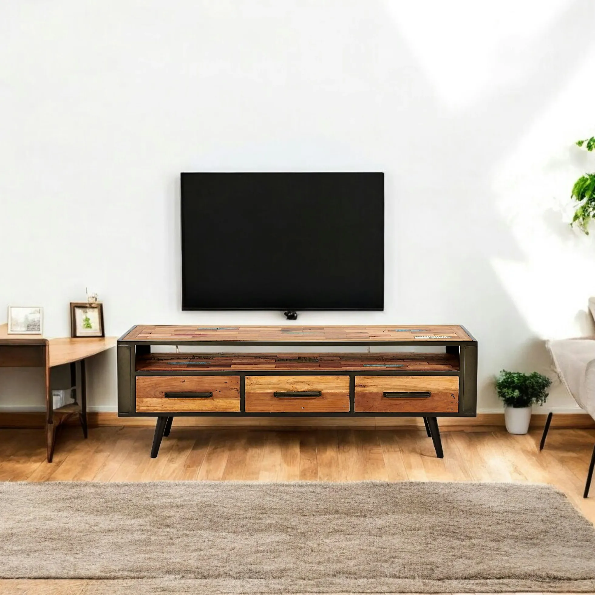 Meuble TV 3 tiroirs 1 niche bois recyclé DRAKKAR