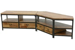 Meuble TV 2 tiroirs, 2 niches ouvertes en Hévéa recyclé naturel et métal 100x45x50cm LOFT