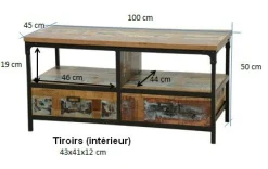 Meuble TV 2 tiroirs, 2 niches ouvertes en Hévéa recyclé naturel et métal 100x45x50cm LOFT