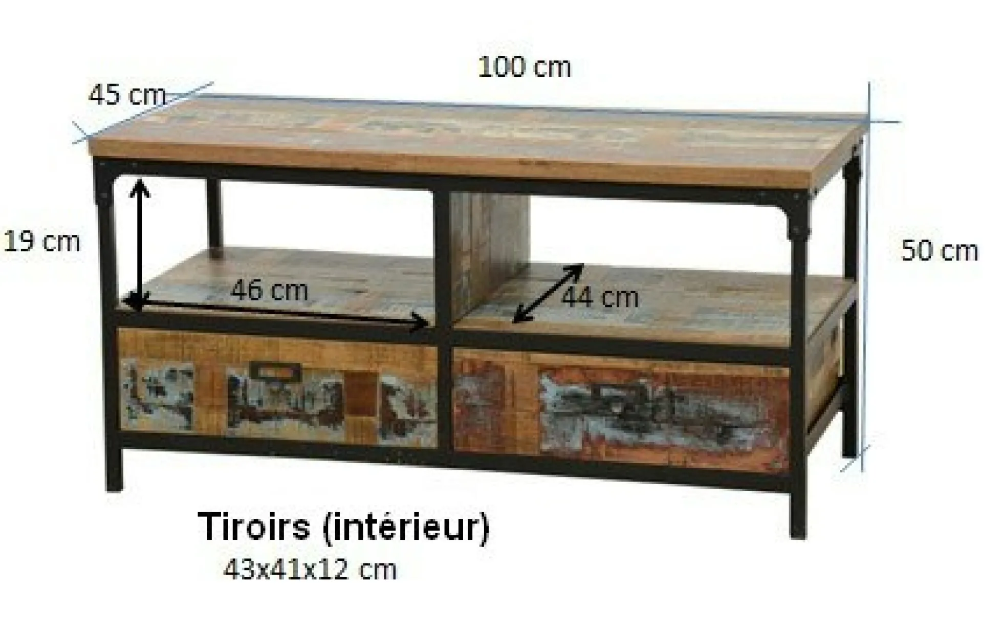 Meuble TV 2 tiroirs, 2 niches ouvertes en Hévéa recyclé naturel et métal 100x45x50cm LOFT