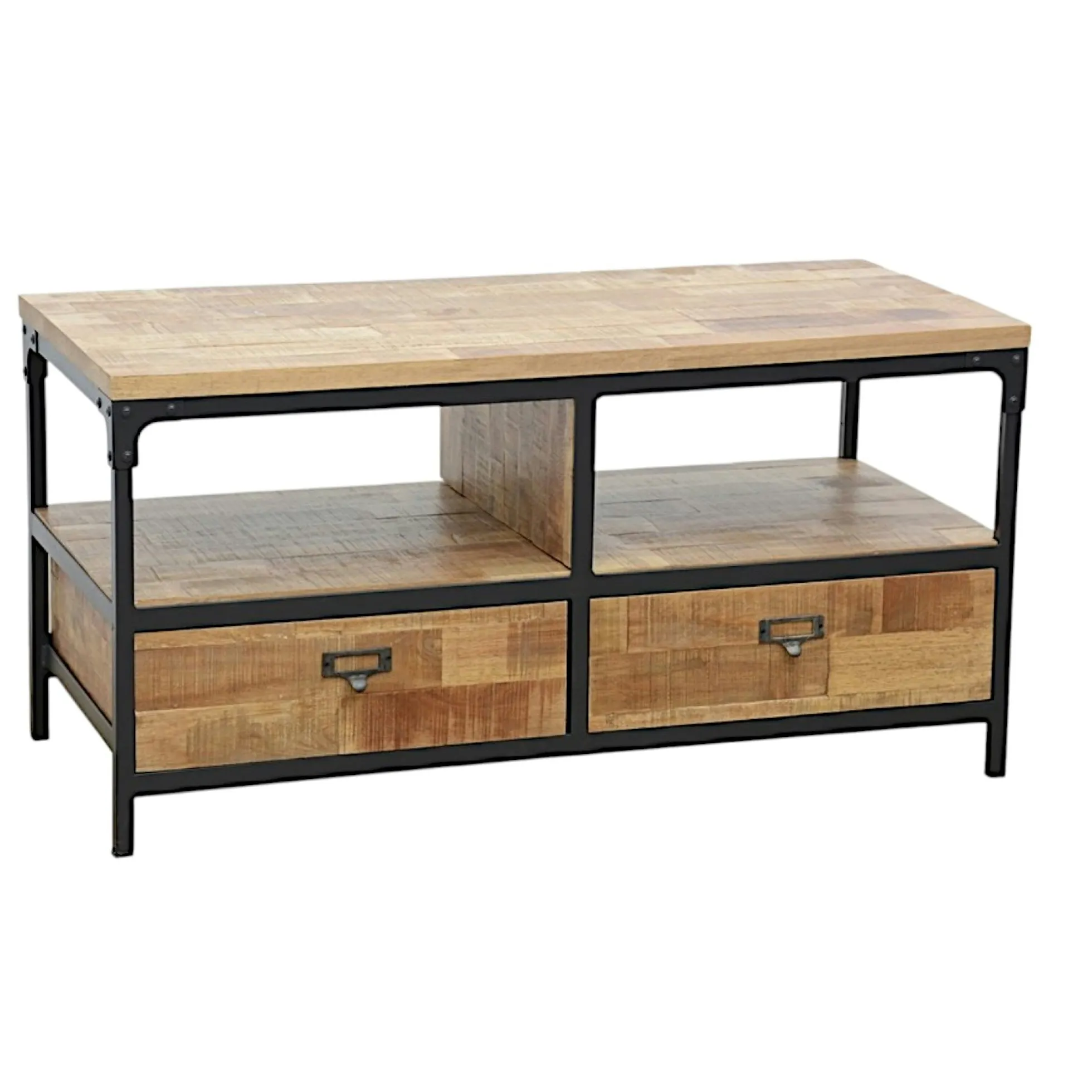 Meuble TV 2 tiroirs, 2 niches ouvertes en Hévéa recyclé naturel et métal 100x45x50cm LOFT