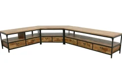 Meuble TV 2 tiroirs, 2 niches ouvertes en Hévéa recyclé naturel et métal 100x45x50cm LOFT
