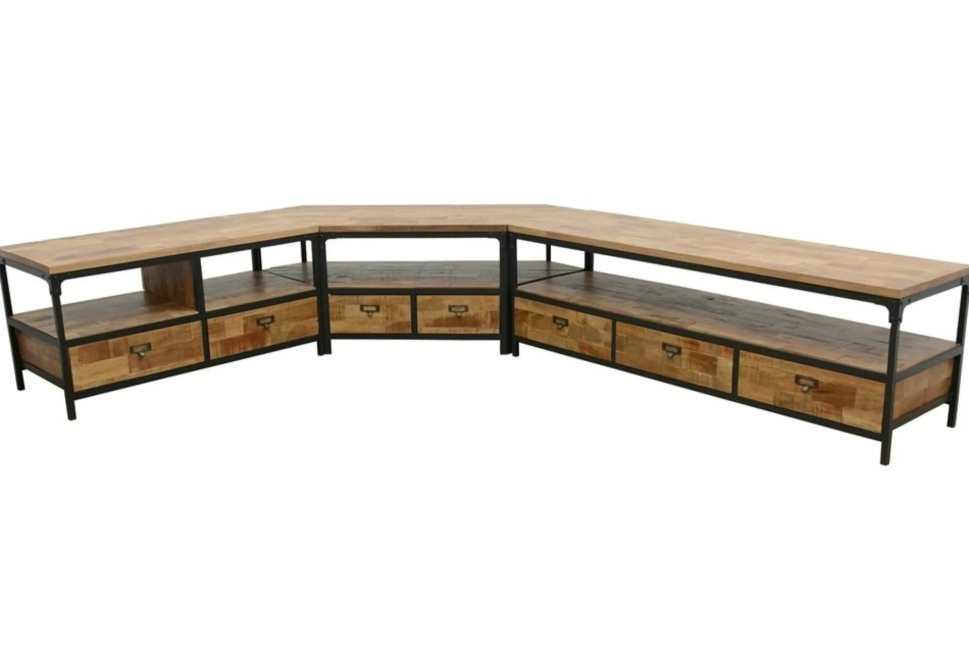Meuble TV 2 tiroirs, 2 niches ouvertes en Hévéa recyclé naturel et métal 100x45x50cm LOFT