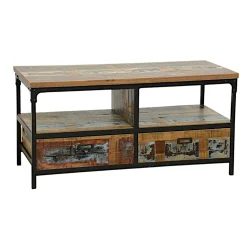 Meuble TV 2 tiroirs, 2 niches ouvertes en Hévéa recyclé coloré et métal 100x45x50cm LOFT COLORS