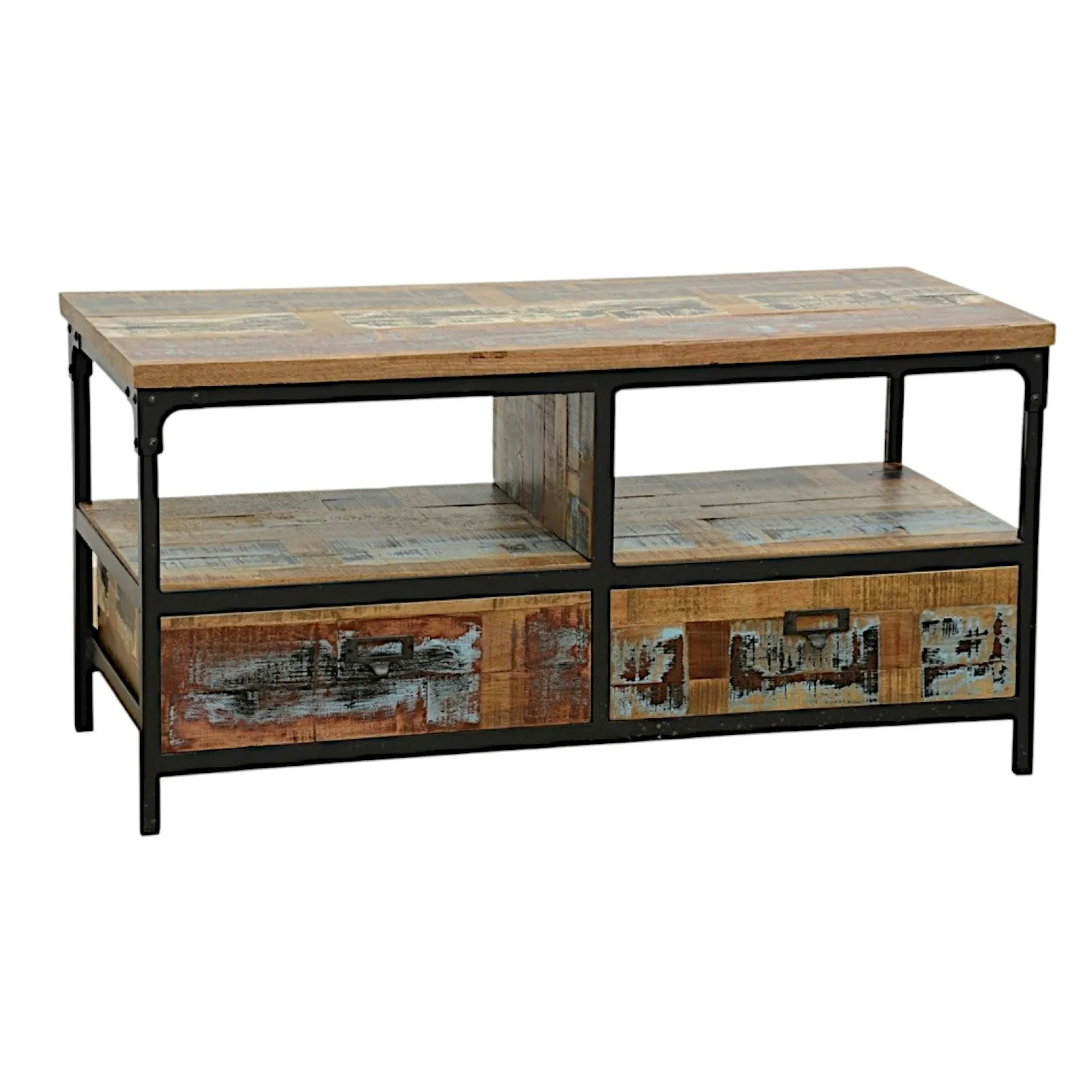 Meuble TV 2 tiroirs, 2 niches ouvertes en Hévéa recyclé coloré et métal 100x45x50cm LOFT COLORS