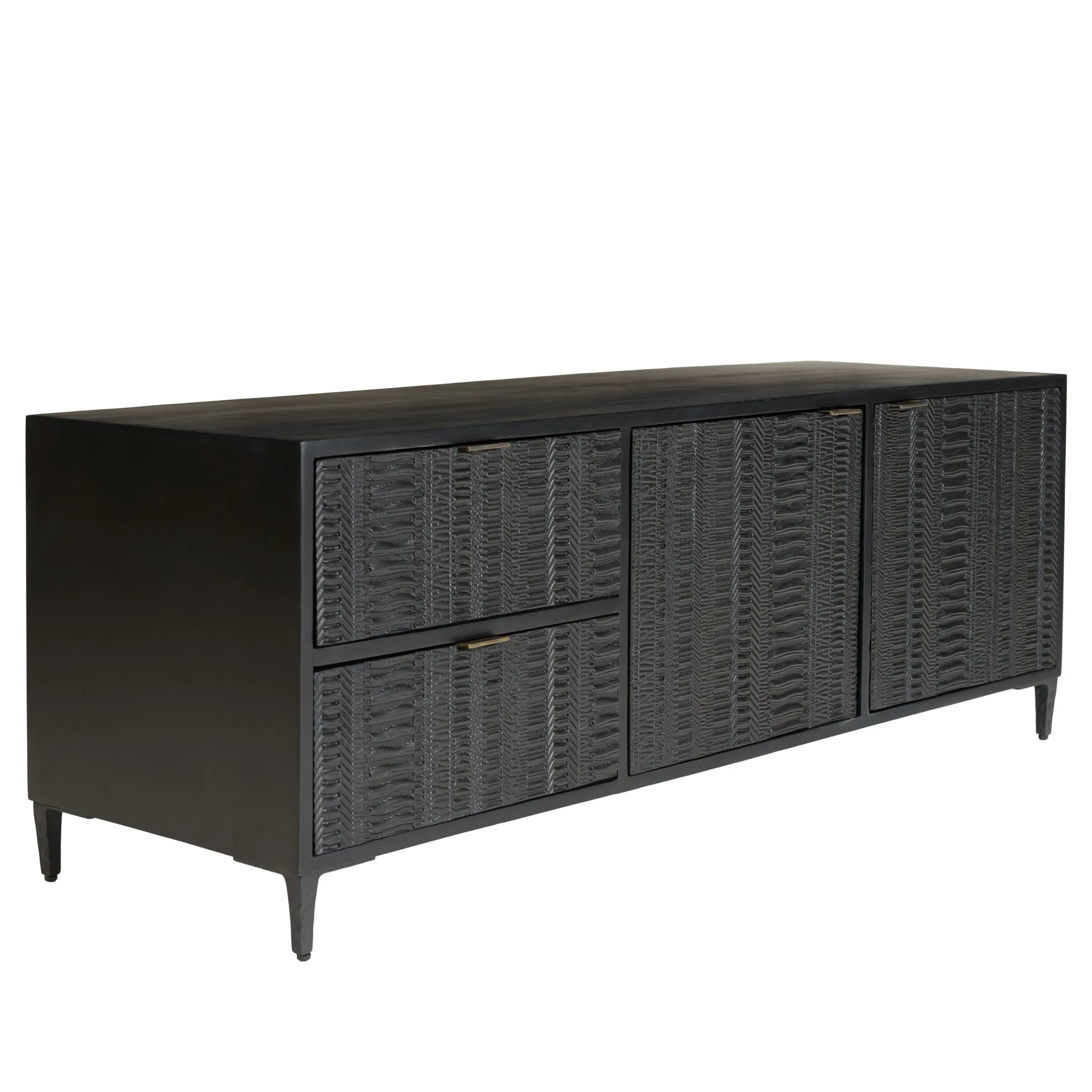 Meuble TV 2 tiroirs 2 portes motifs sculptés bois noir SURATE