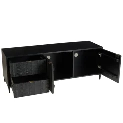 Meuble TV 2 tiroirs 2 portes motifs sculptés bois noir SURATE