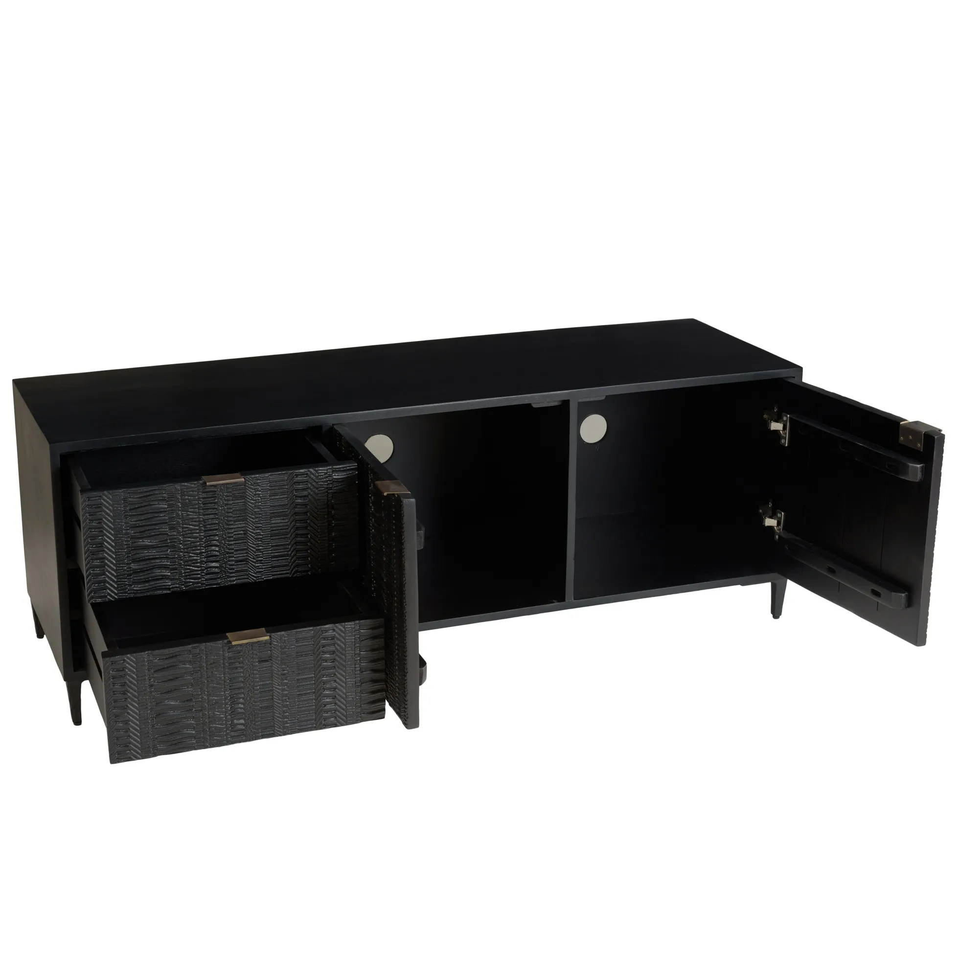 Meuble TV 2 tiroirs 2 portes motifs sculptés bois noir SURATE