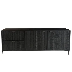Meuble TV 2 tiroirs 2 portes motifs sculptés bois noir SURATE