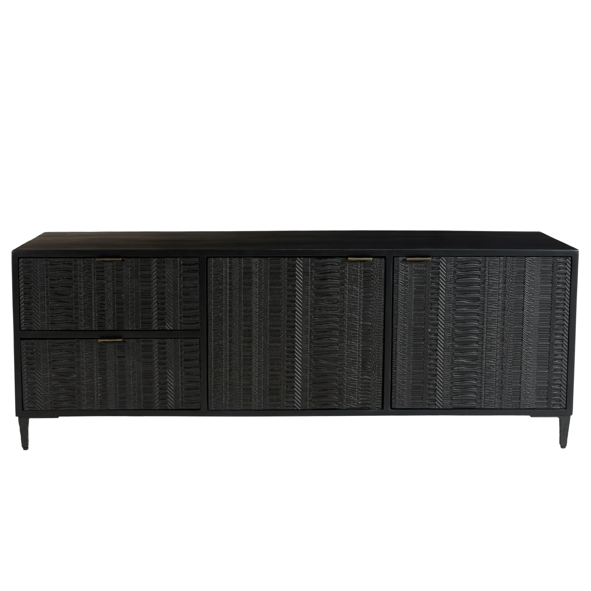 Meuble TV 2 tiroirs 2 portes motifs sculptés bois noir SURATE
