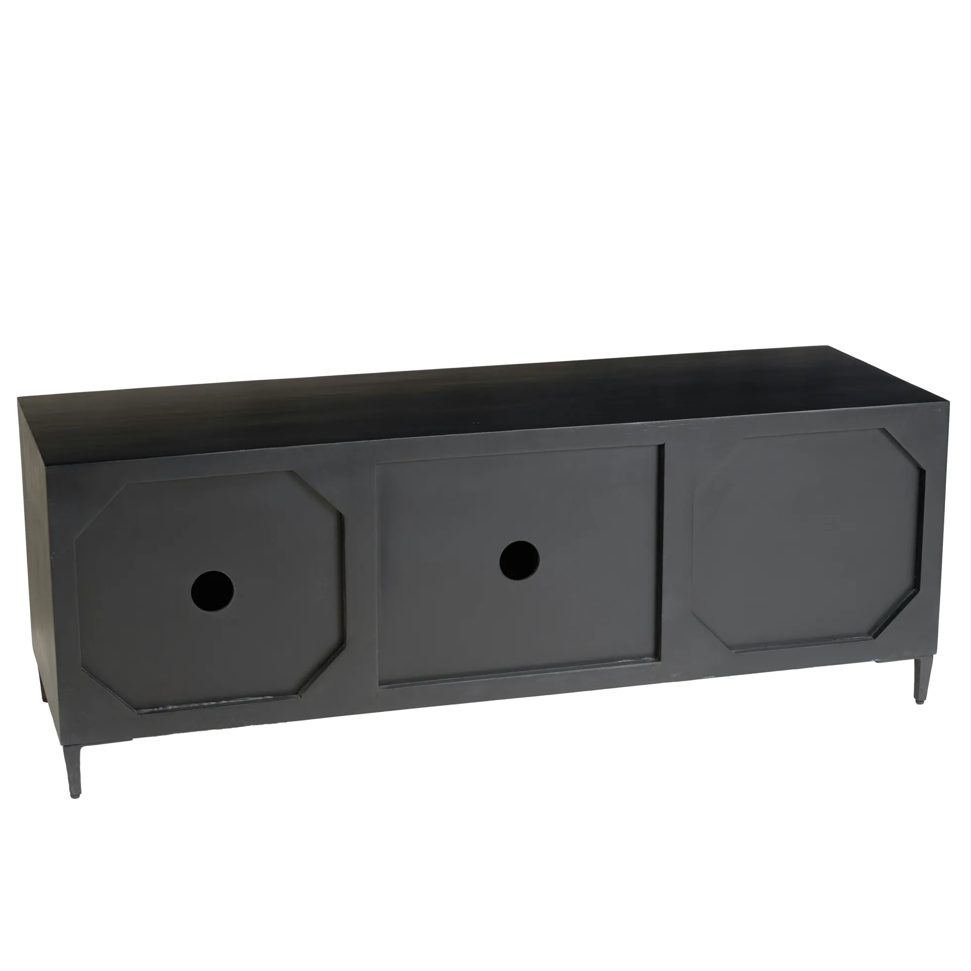 Meuble TV 2 tiroirs 2 portes motifs sculptés bois noir SURATE