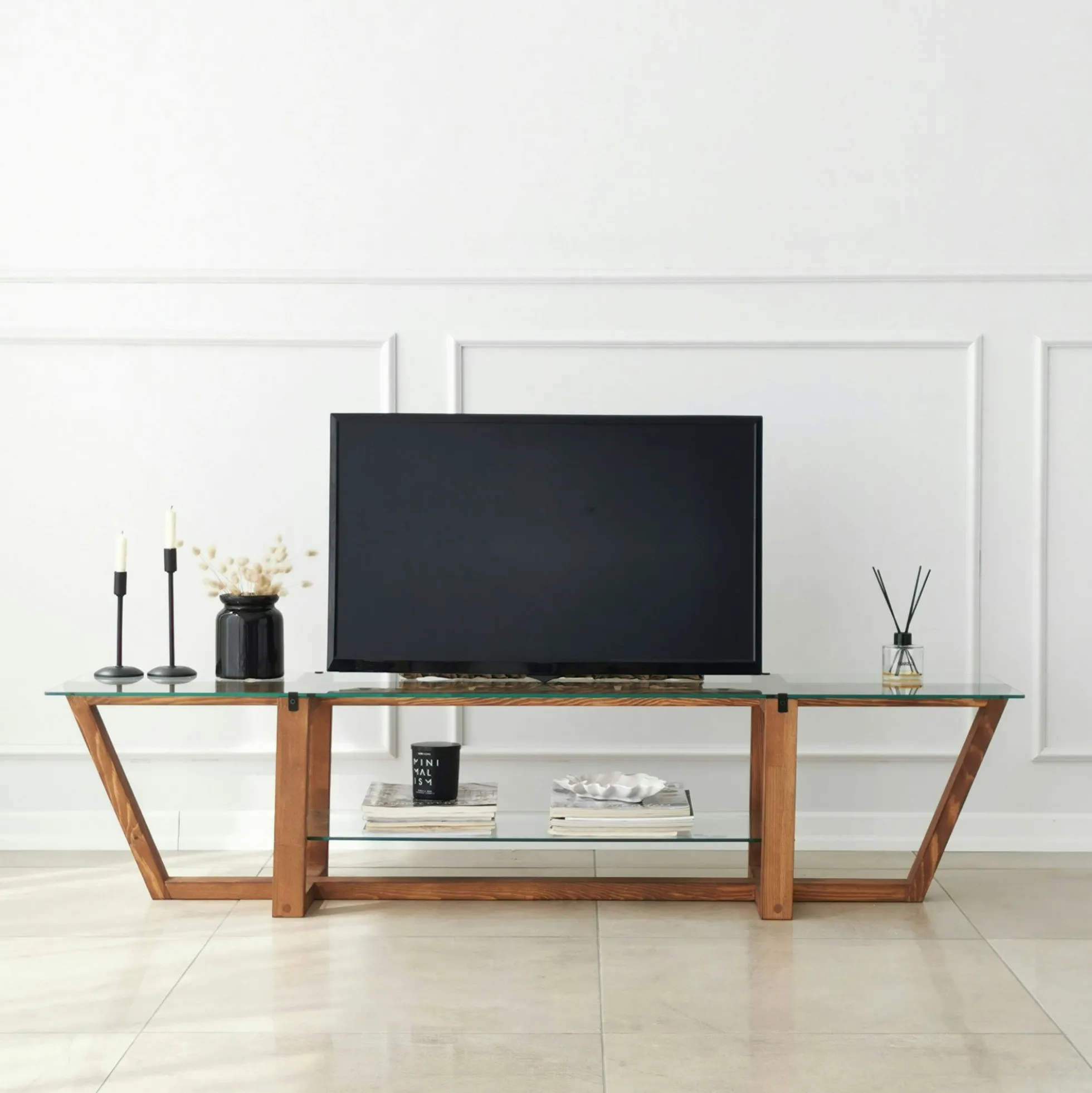 Meuble TV verre trempé bois foncé - 158 cm 2 niveaux LHASA