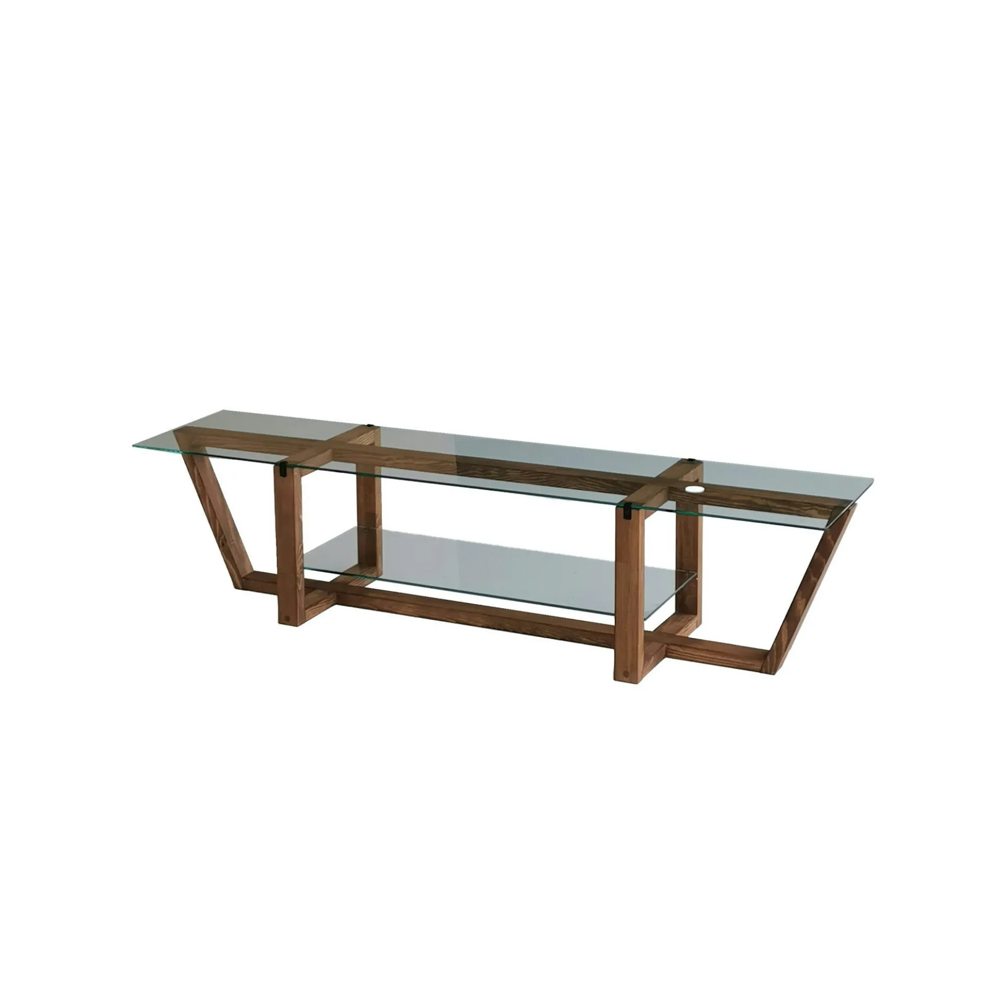 Meuble TV verre trempé bois foncé - 158 cm 2 niveaux LHASA
