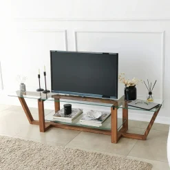 Meuble TV verre trempé bois foncé - 158 cm 2 niveaux LHASA