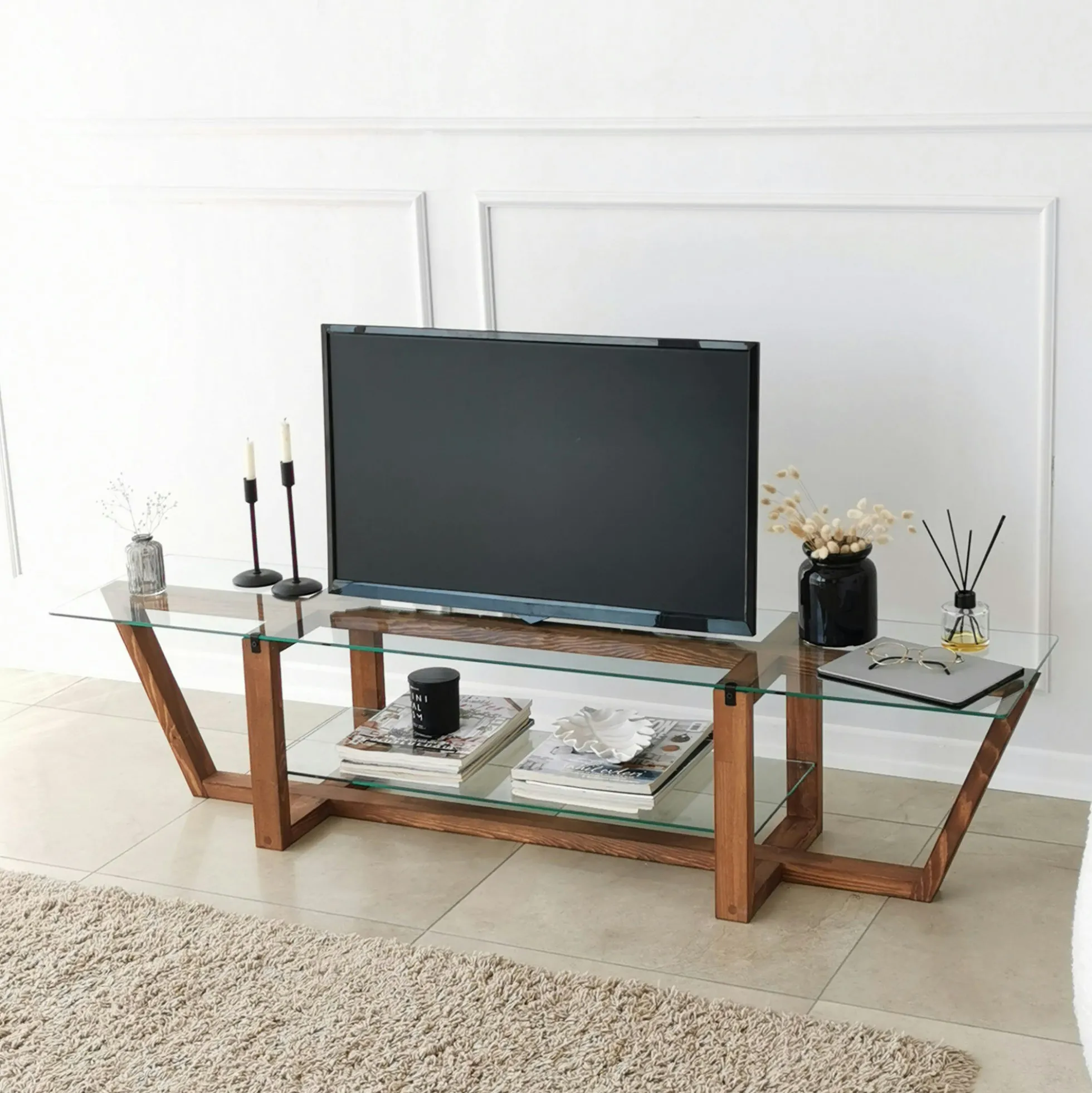 Meuble TV verre trempé bois foncé - 158 cm 2 niveaux LHASA