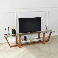 Meuble TV verre trempé bois foncé - 158 cm 2 niveaux LHASA