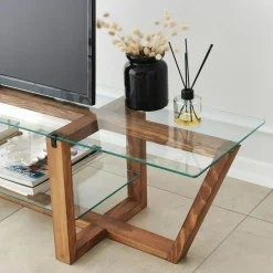 Meuble TV verre trempé bois foncé - 158 cm 2 niveaux LHASA