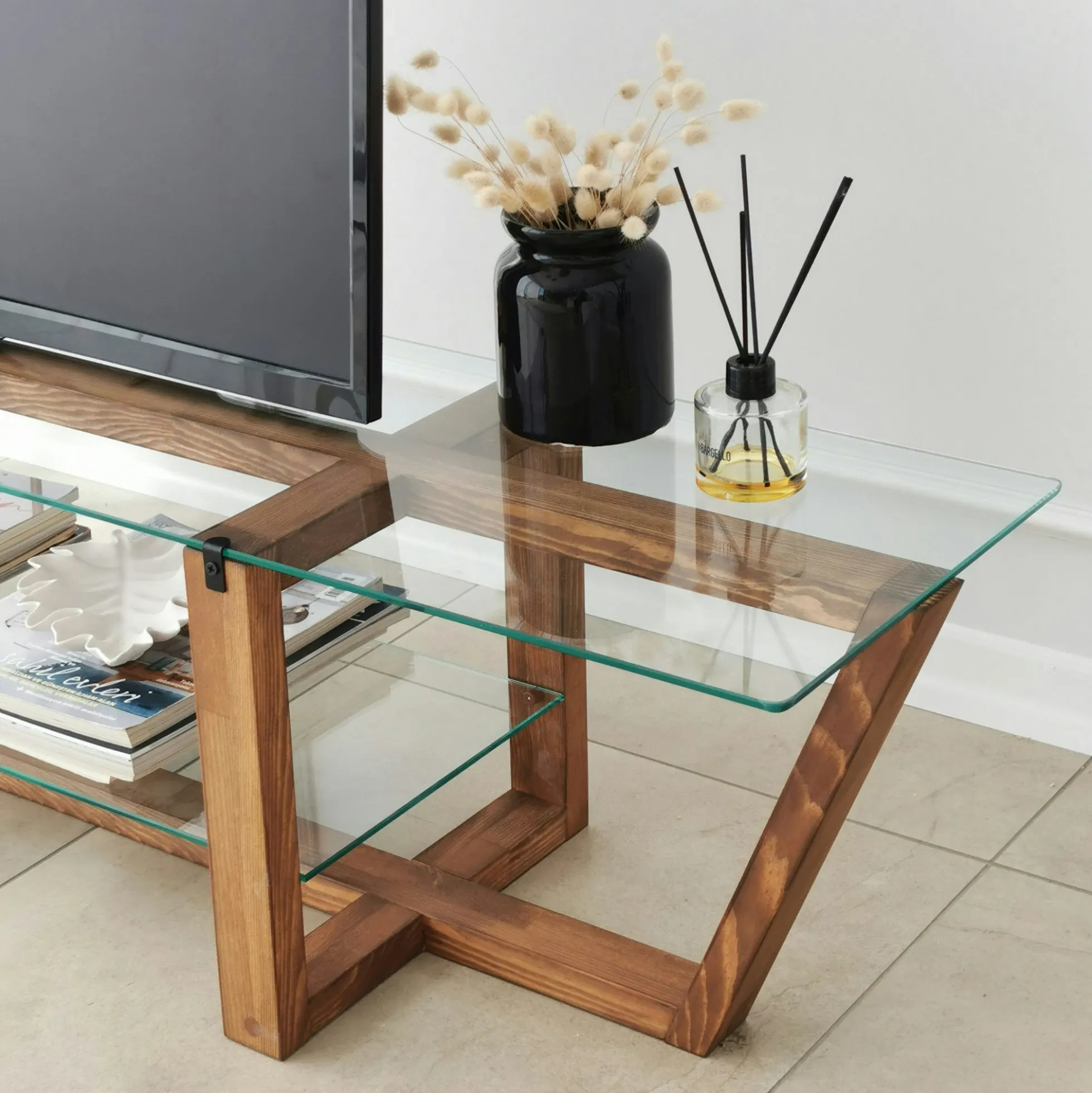 Meuble TV verre trempé bois foncé - 158 cm 2 niveaux LHASA
