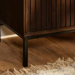 Meuble TV vintage bois brun 4 portes rainurées 165 cm CORTINA