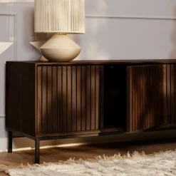 Meuble TV vintage bois brun 4 portes rainurées 165 cm CORTINA