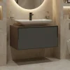 Meuble vasque blanc suspendu 80 cm décor bois foncé et anthracite 2 tiroirs RIA