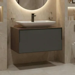 Meuble vasque blanc suspendu 80 cm décor bois foncé et anthracite 2 tiroirs RIA