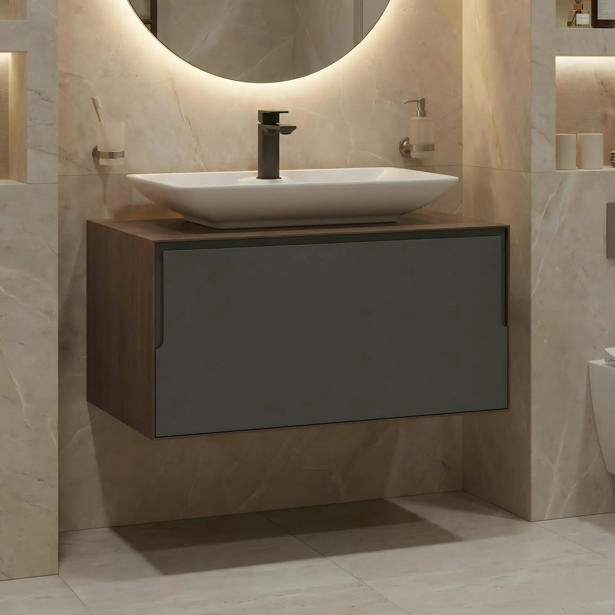 Meuble vasque blanc suspendu 80 cm décor bois foncé et anthracite 2 tiroirs RIA