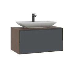 Meuble vasque blanc suspendu 80 cm décor bois foncé et anthracite 2 tiroirs RIA
