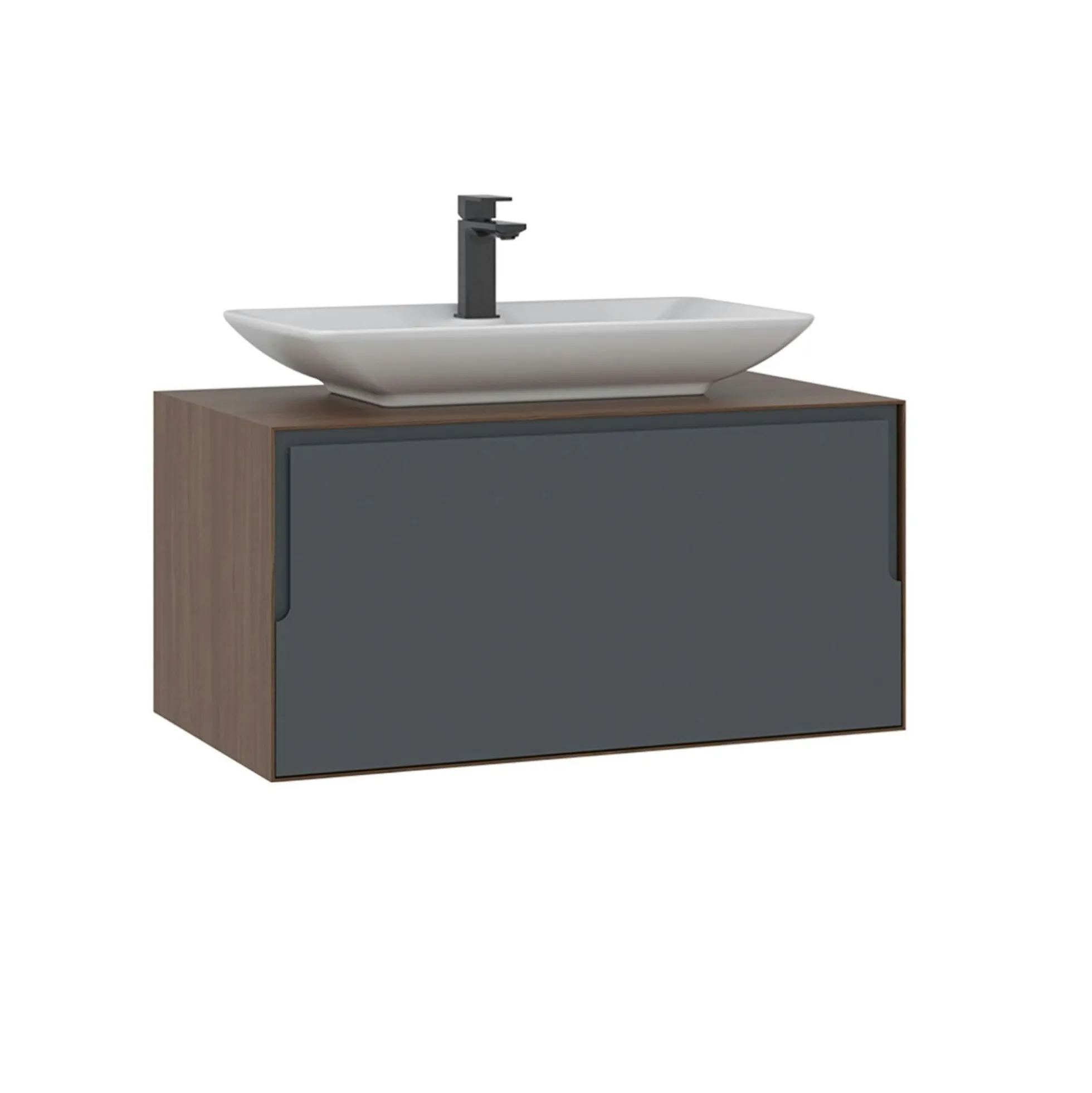 Meuble vasque blanc suspendu 80 cm décor bois foncé et anthracite 2 tiroirs RIA